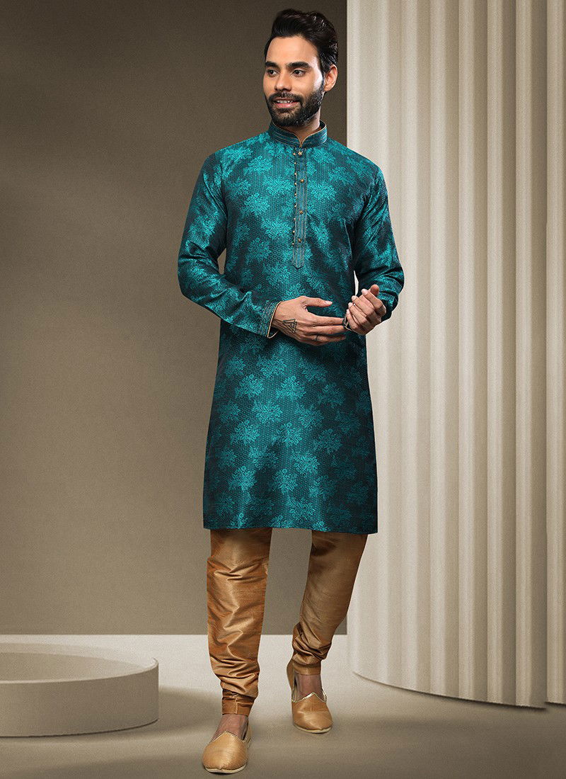 Blue Colour New Ethnic Wear Mens Jacquard silk Kurta Pajama Collection 1541
